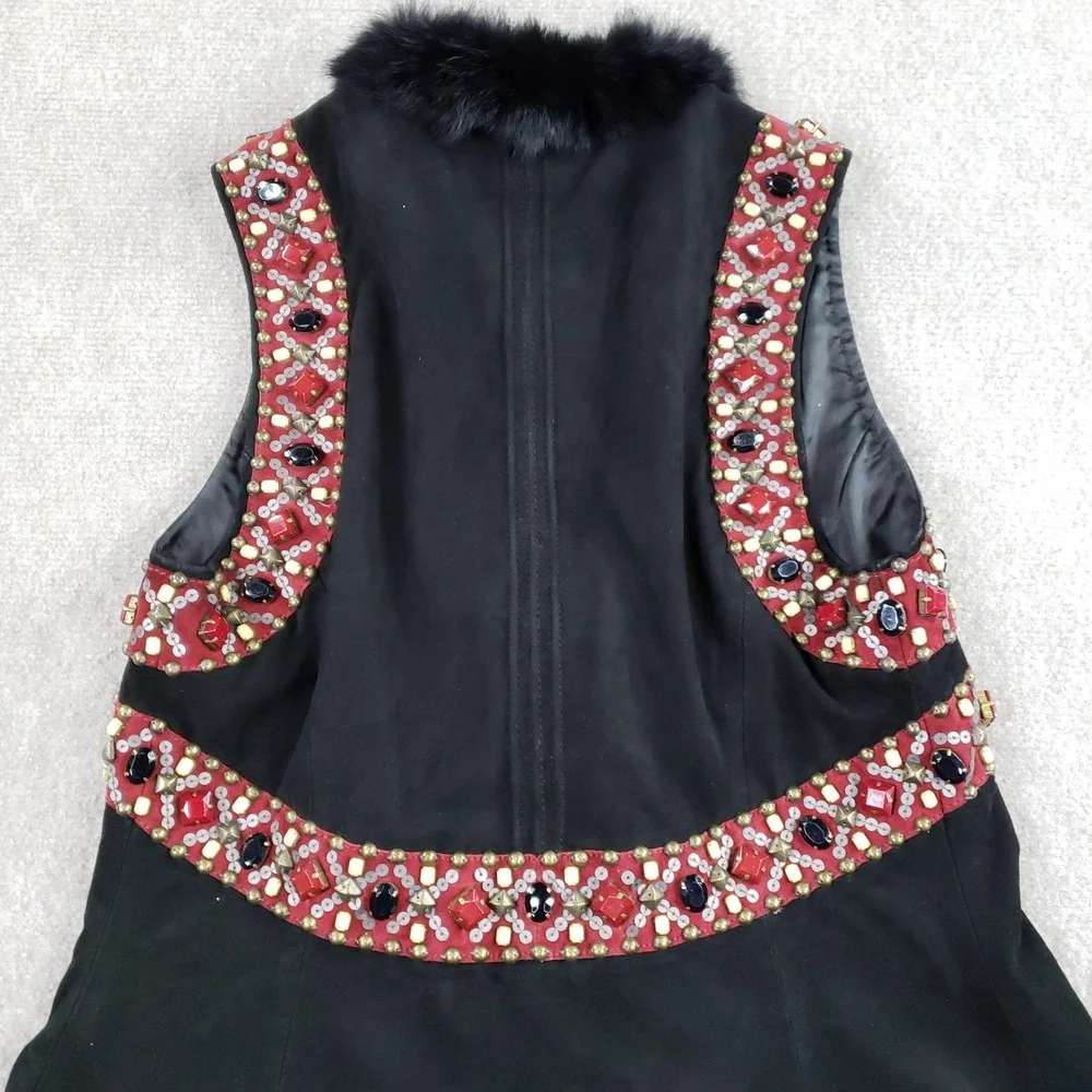 Double D Ranch Vest Women Medium Long Black Leather Beaded Removeable Fur‎ Trim